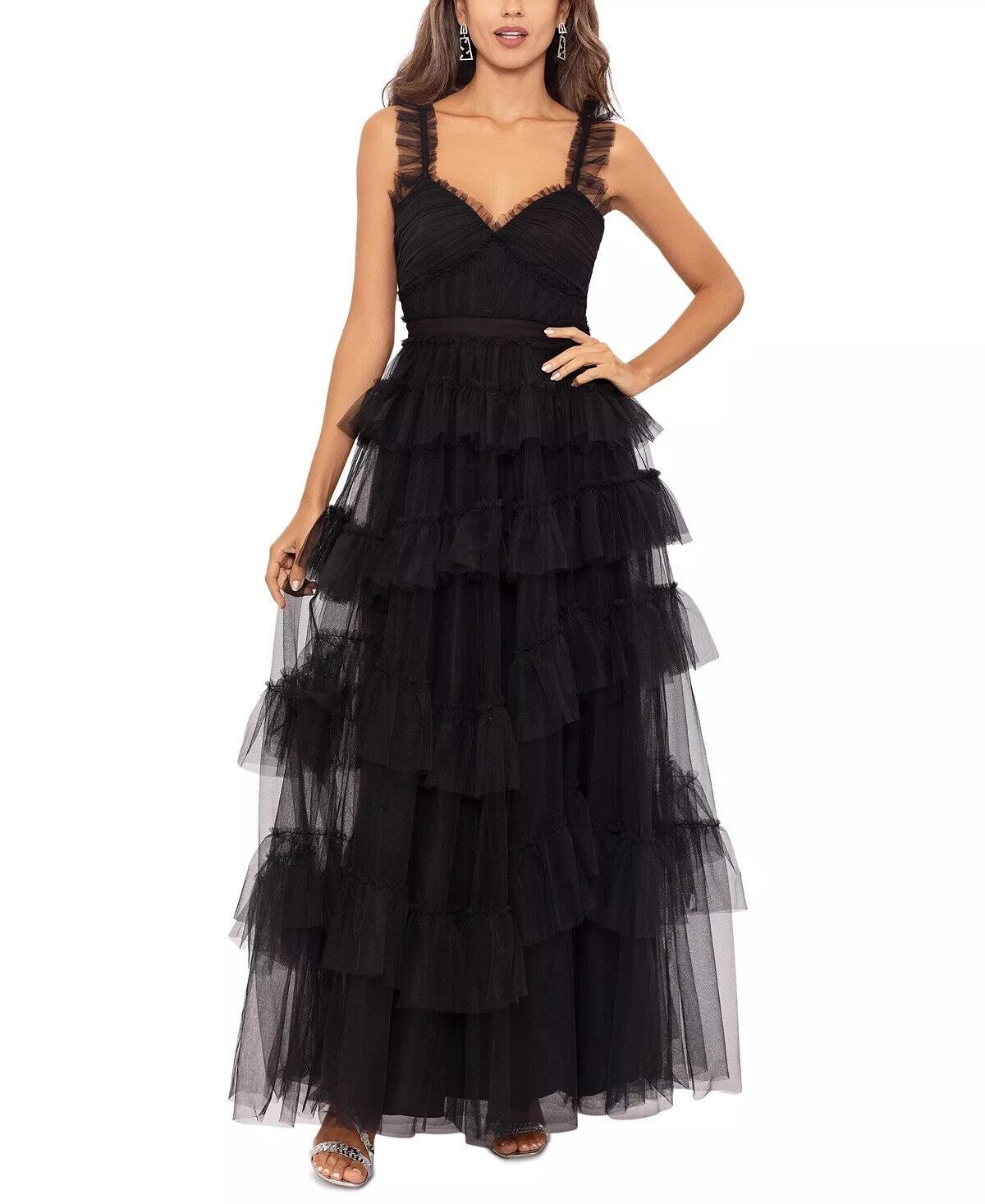 Betsy & Adam Women's Ruffled Tiered Gown, Black, Size 10 MSRP 299.00