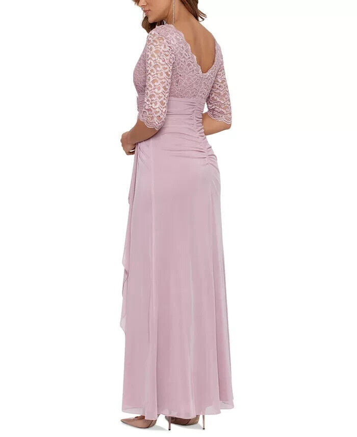 Betsy Adam Lace-Top Waterfall-Detail Gown, Rose, Sizes 16