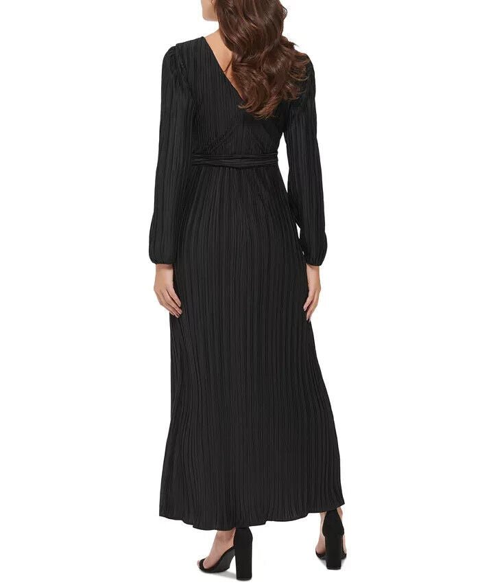 GUESS Women's Pleated Woven Faux-Wrap V-Neck Maxi Dress, Black, Sizes 6