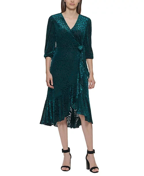 Calvin Klein Petite Animal-Print Velvet Burnout Wrap Dress, Malachite, Size 2P