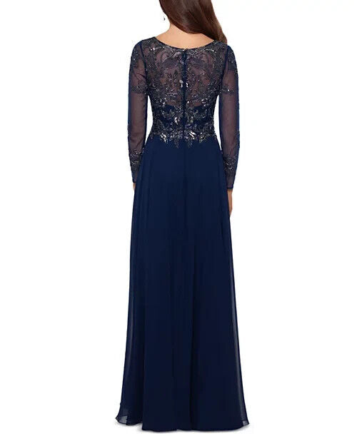 XSCAPE Women's Sequin Embellished Long Sleeve Chiffon Gown, Navy, Size 12