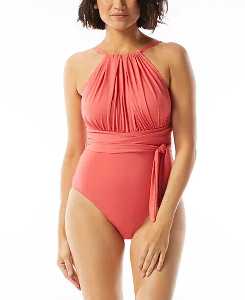 Coco Reef Women's Contours Belted High-Neck One-Piece Swimsuit, Pink, 38C