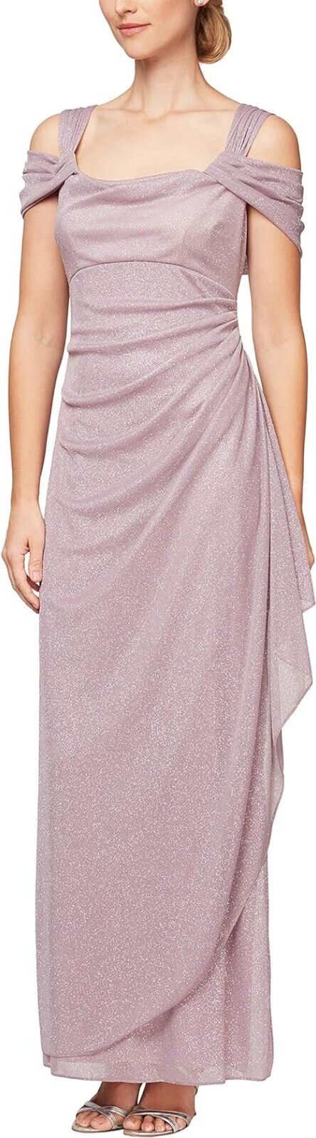 Alex Evenings Cold-Shoulder Draped Metallic Petite Gown, Mauve Pink, Size 14P