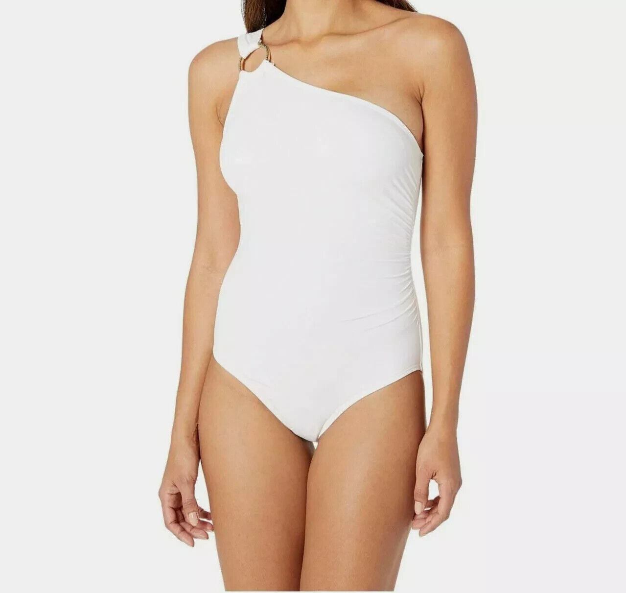 Michael Kors Embellished One-Shoulder Underwire One-Piece Swimsuit, White, 14