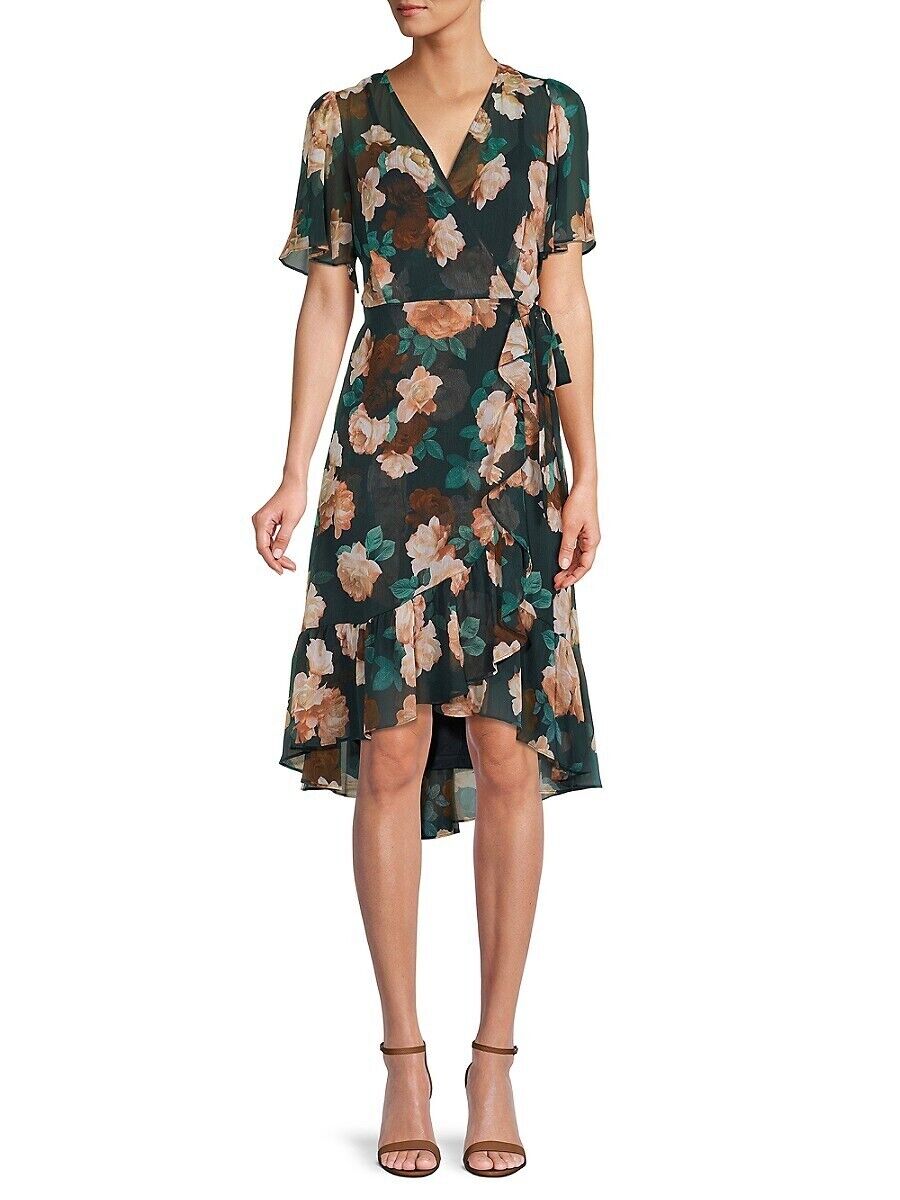 Calvin Klein Women's Floral-Print Ruffled Faux, Malachite, Size 4