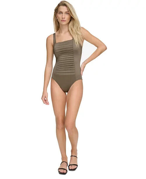 Calvin Klein Pleated Ruched-Panel One-Piece Swimsuit, Bronze, 8