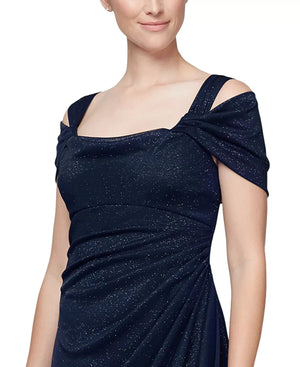 Alex Evenings Cold-Shoulder Draped Glitter Gown, Navy Blue, Size 10