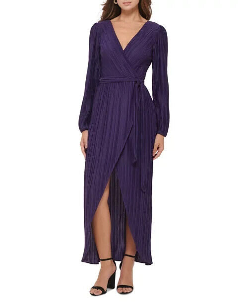 GUESS Womens Pleated Woven Faux-Wrap V-Neck Maxi Dress, Purple, Size 8