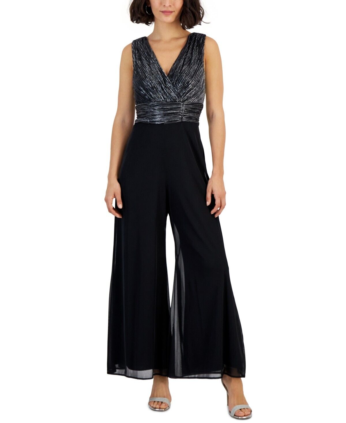 Connected Petite Sleeveless V-Neck Metallic Jumpsuit, Black Silver, Size 10