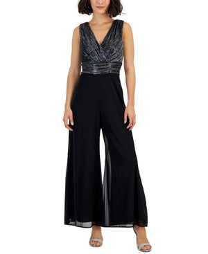 Connected Petite Sleeveless V-Neck Metallic Jumpsuit, Black Silver, Size 10