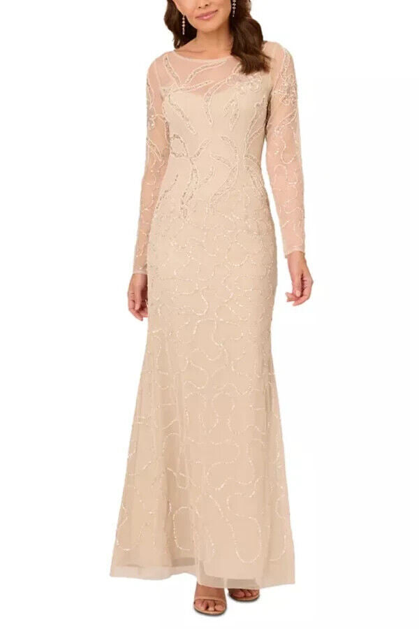 Adrianna Papell Women's Beaded Long-Sleeve Gown, Biscotti, Size 4