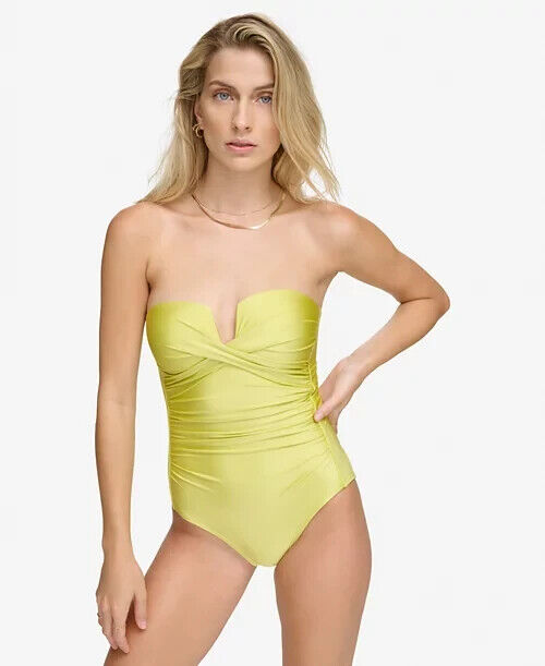 Calvin Klein Shirred Tummy-Control Bandeau One-Piece Swimsuit, Pear Shimmer, 14