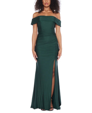 B Darlin Juniors' Ruched Off-the-Shoulder Gown, Hunter/Dark Green, Size M