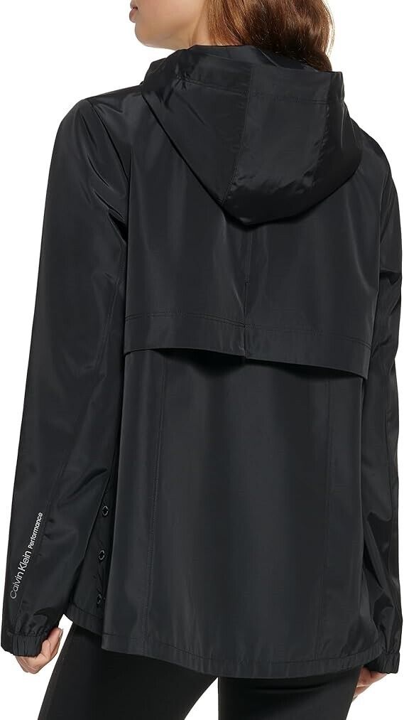 Calvin Klein Women's Hooded Performance Side-Snap Rain Jacket, Black, XL