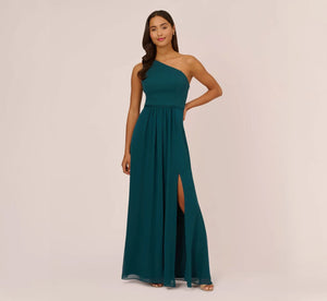 Adrianna Papell One-Shoulder Chiffon Gown, Color: Hunter, Size: 10