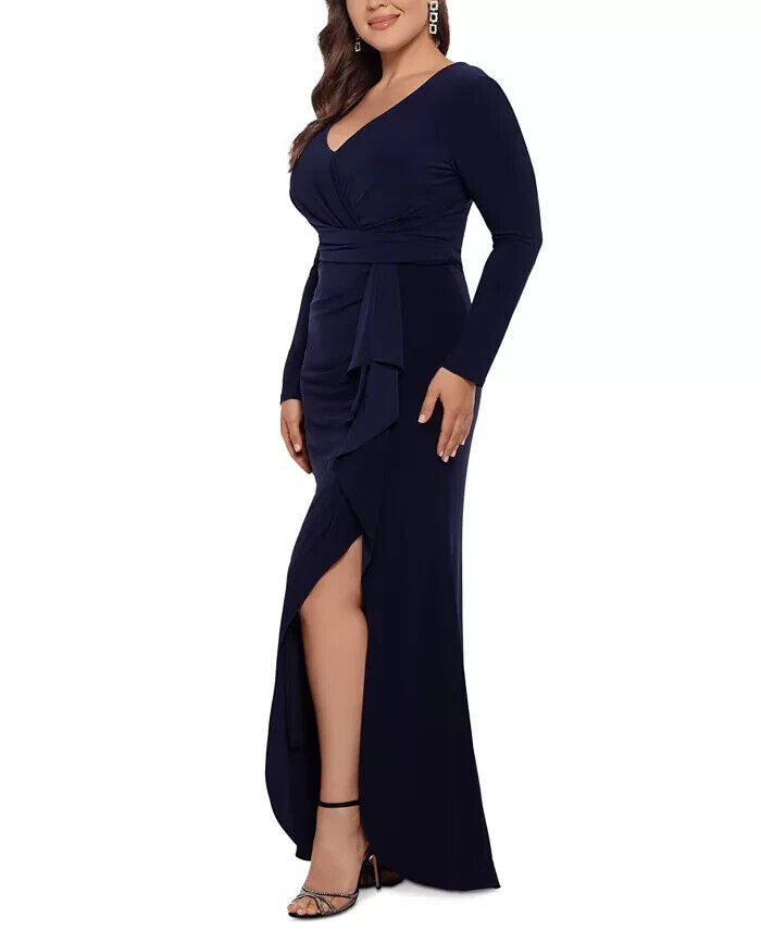 Betsy Adam Plus Size V-Neck Gown With Mat, Navy Blue, Size 18W