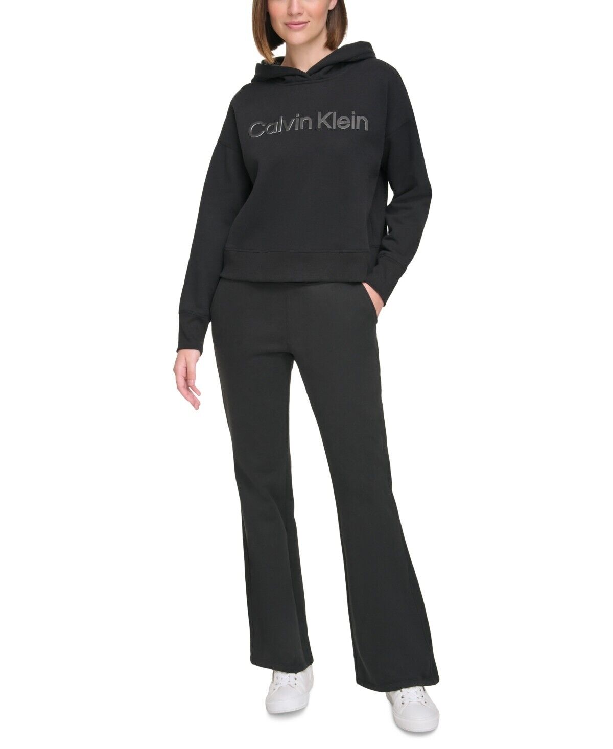 Calvin Klein Performance Women's Logo Drop-Shoulder Fleece Hoodie, Black/White,M