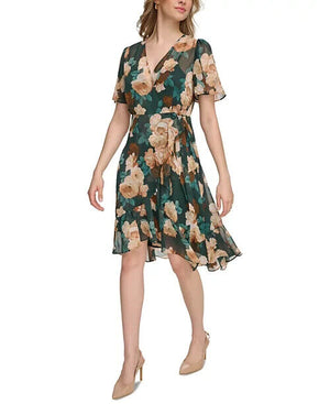 Calvin Klein Women's Floral-Print Ruffled Faux, Malachite, Size 4