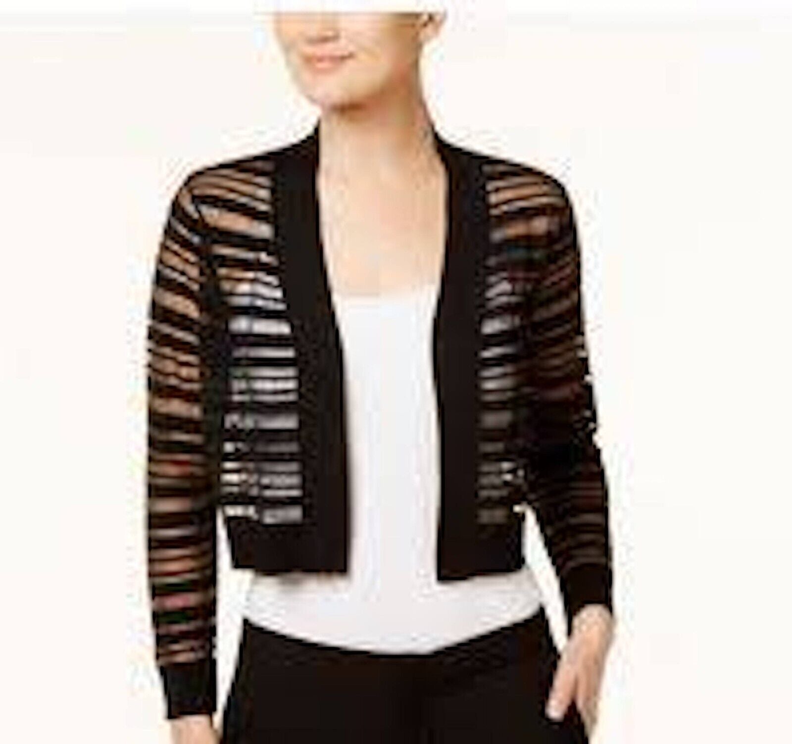 Calvin Klein Sheer-Stripe Cropped Cardigan, Black, Size ZL