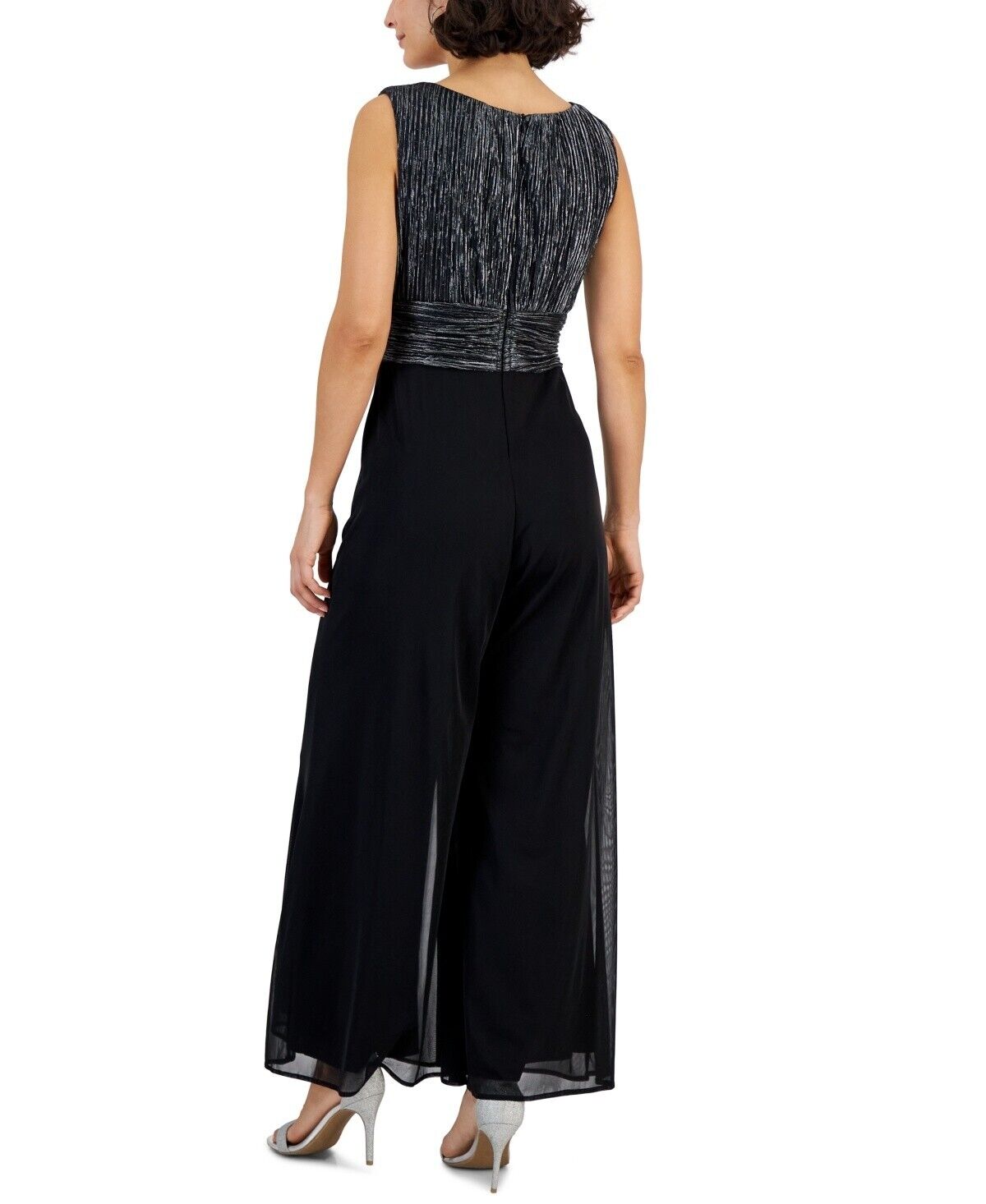 Connected Petite Sleeveless V-Neck Metallic Jumpsuit, Black Silver, Size 8P