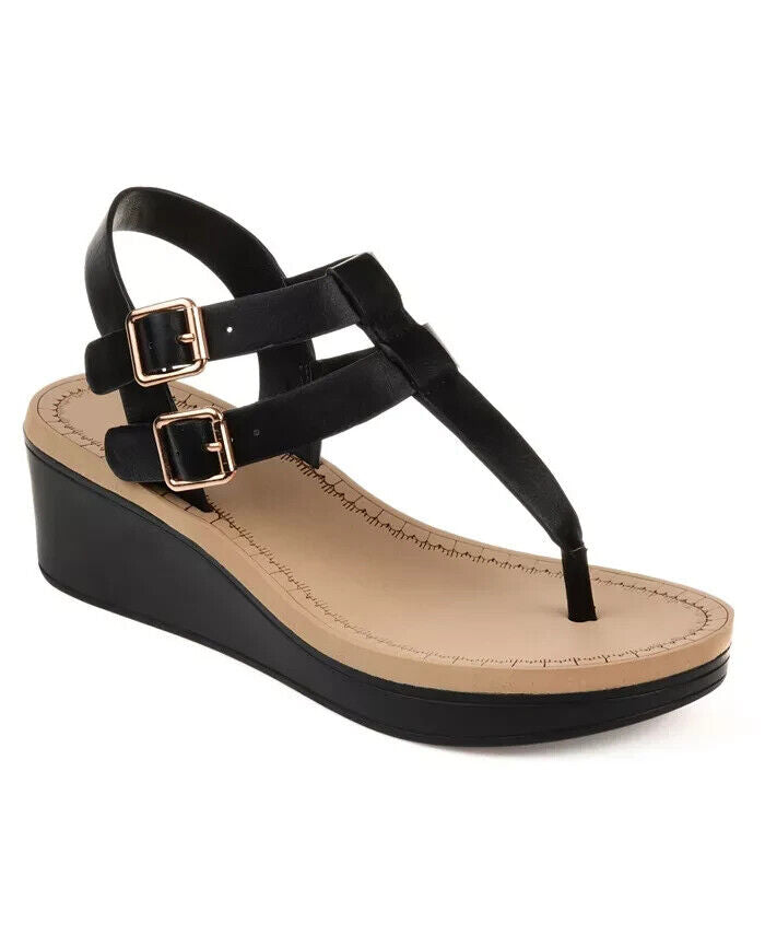 Journee Collection Women's Bianca Double Buckle Wedge Sandals, Black, 5.5M