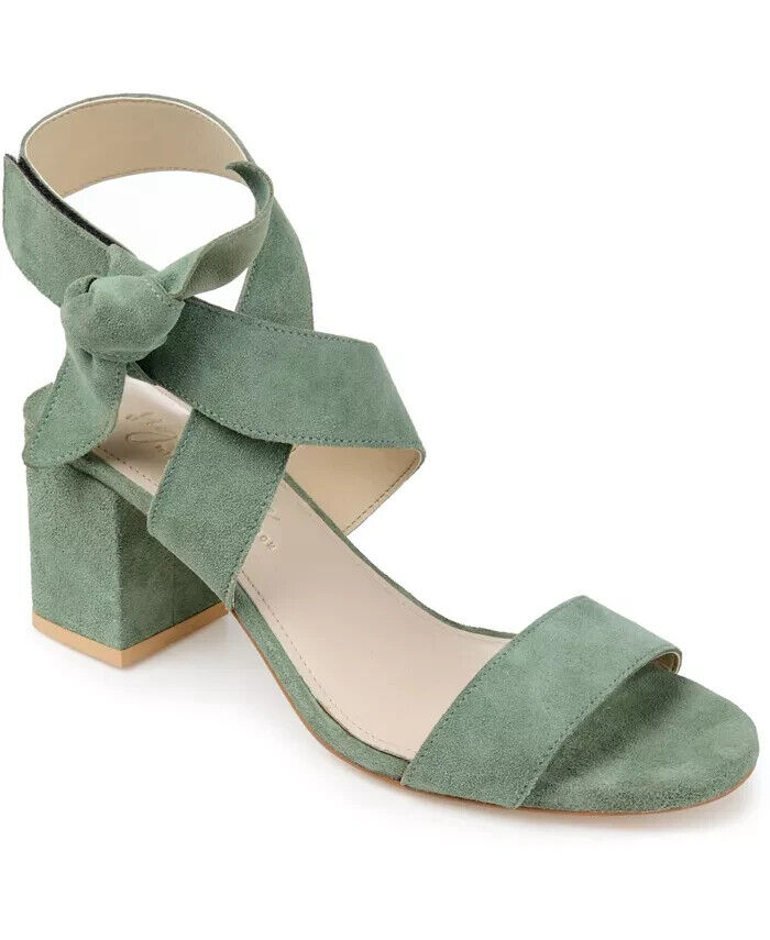 Journee Signature Women's Genuine Leather Hether Block Heel Sandals, Green, 8.5M