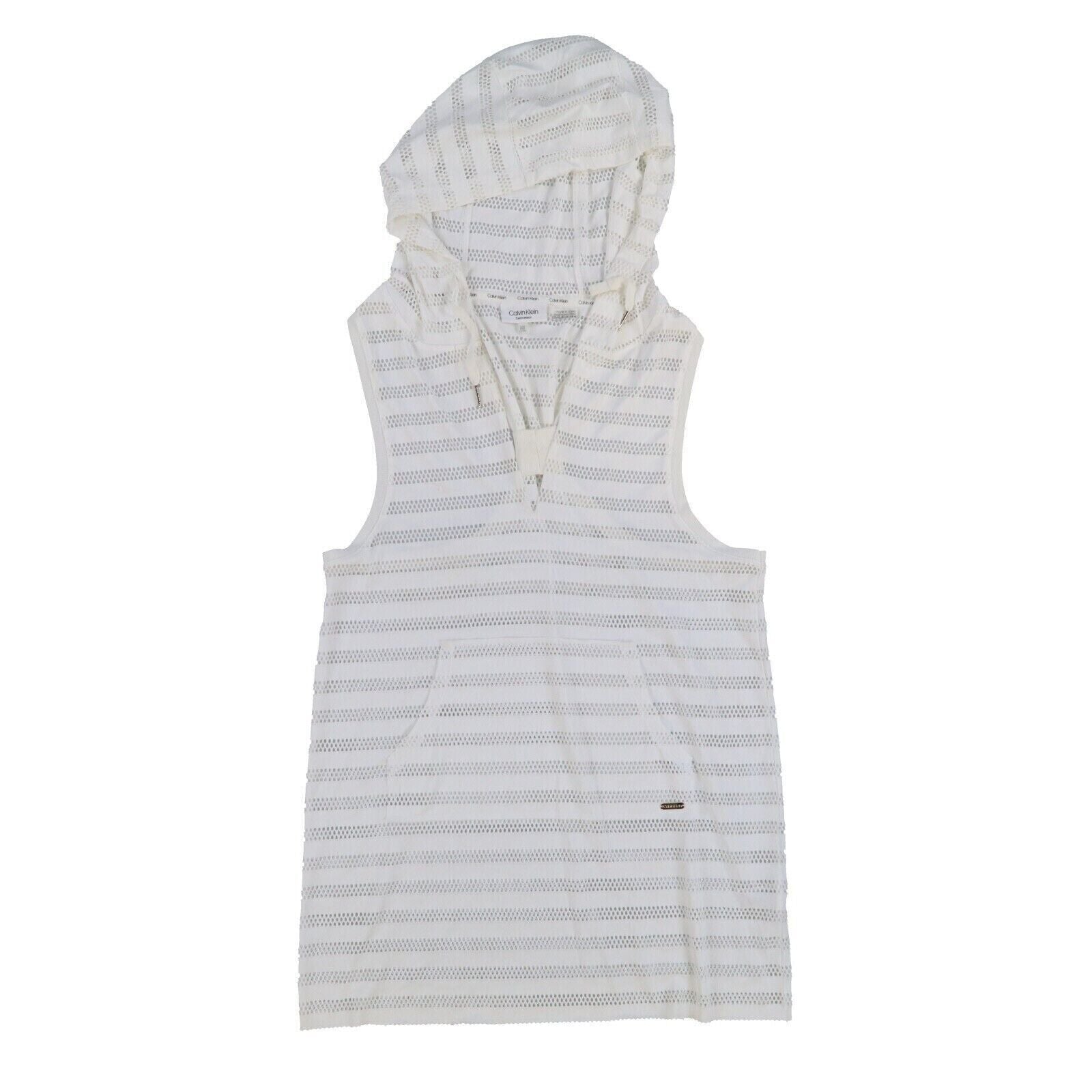 Calvin Klein Crochet Striped Hooded Tunic Cover-up, Milk, S/M