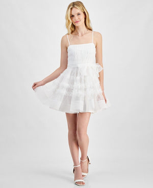 City Studios Juniors' Shirred Ruffled Fit & Flare Dress, White, Size 12