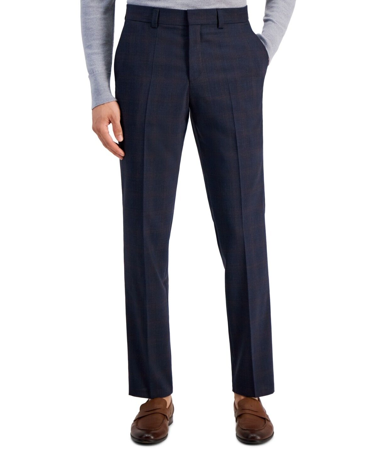 HUGO Men's Tom Checked Wool Blend Flat Front Dress Pants, Navy, 32R