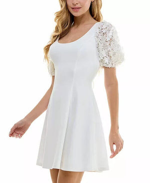 City Studios Juniors' Embellished Puff-Sleeve Fit & Flare Dress, White, 13/14