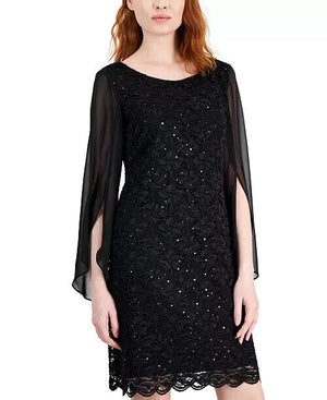 Connected Flutter-Sleeve Sequined Lace Dress, Black, Size 12