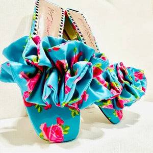 Betsey Johnson Women's Alivia Floral Ruffle Sandal, Blue Multi, 5M