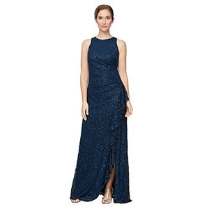 Alex Evenings Women's Sequin Lace Cascading Ruffle Gown, Navy, Size 12