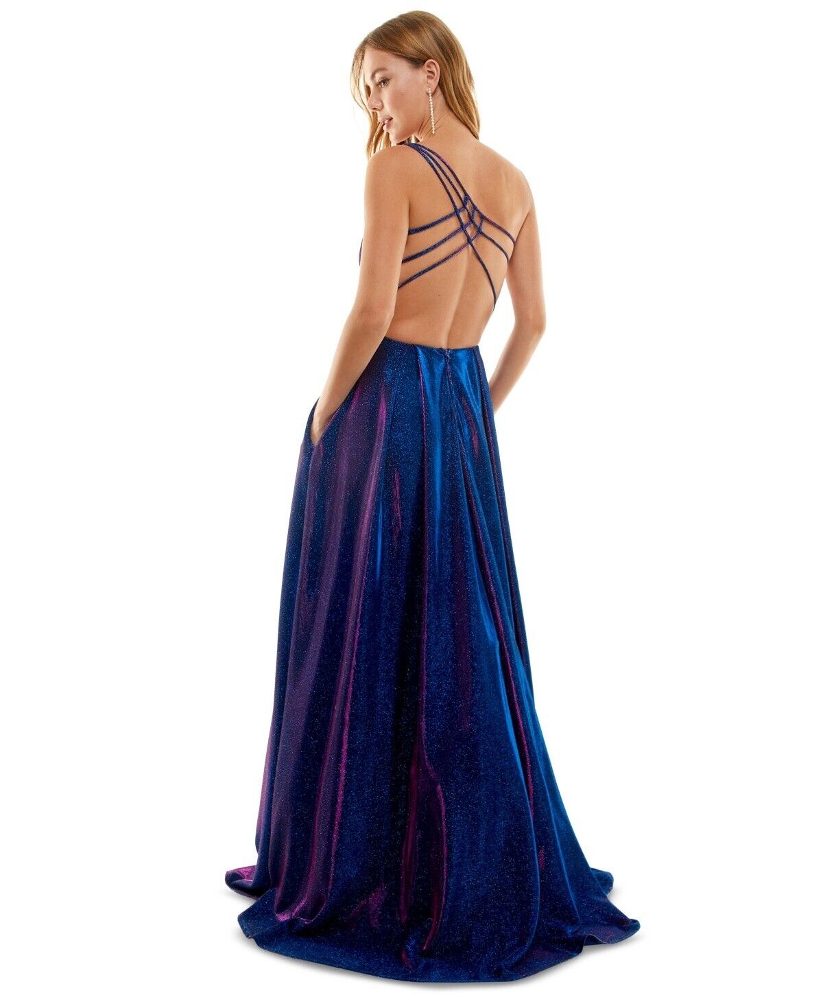 B Darlin Juniors' Strappy-Back Glitter-Finish Gown, Sapphire/Fuschia, Size 13/14