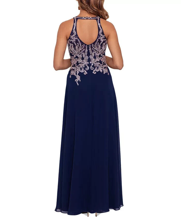 Betsy Adam Petite Embroidered Gown, Navy/Rose, Size 8P