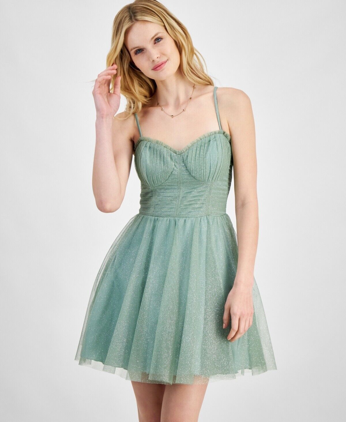 City Studios Juniors Glitter-Tulle Ruched-Bodice Skater Dress, Green, Size 1/2