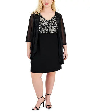 Connected Plus Size Metallic Sheer Cocktail Dress, Embroidered, BlackGold, 20W