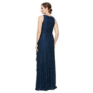 Alex Evenings Women's Sequin Lace Cascading Ruffle Gown, Navy, Size 12