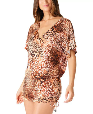 Bar III Women's Glam Cheetah Adjustable-Side Cover-up, Natural, M