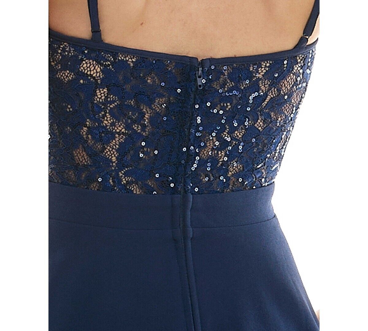 City Studios Juniors' Sequinned-Lace Illusion-Bodice Fit & Flare Dress, Navy, M