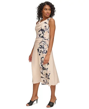 DKNY Women's Floral Cowlneck Fit & Flare MIDI Dress, Elegant Beige, Size 12