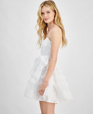 City Studios Juniors' Shirred Ruffled Fit & Flare Dress, White, Size 12