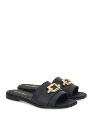 Ferragamo Women's Priscilla Leather Slide Sandals, Black, Size 8