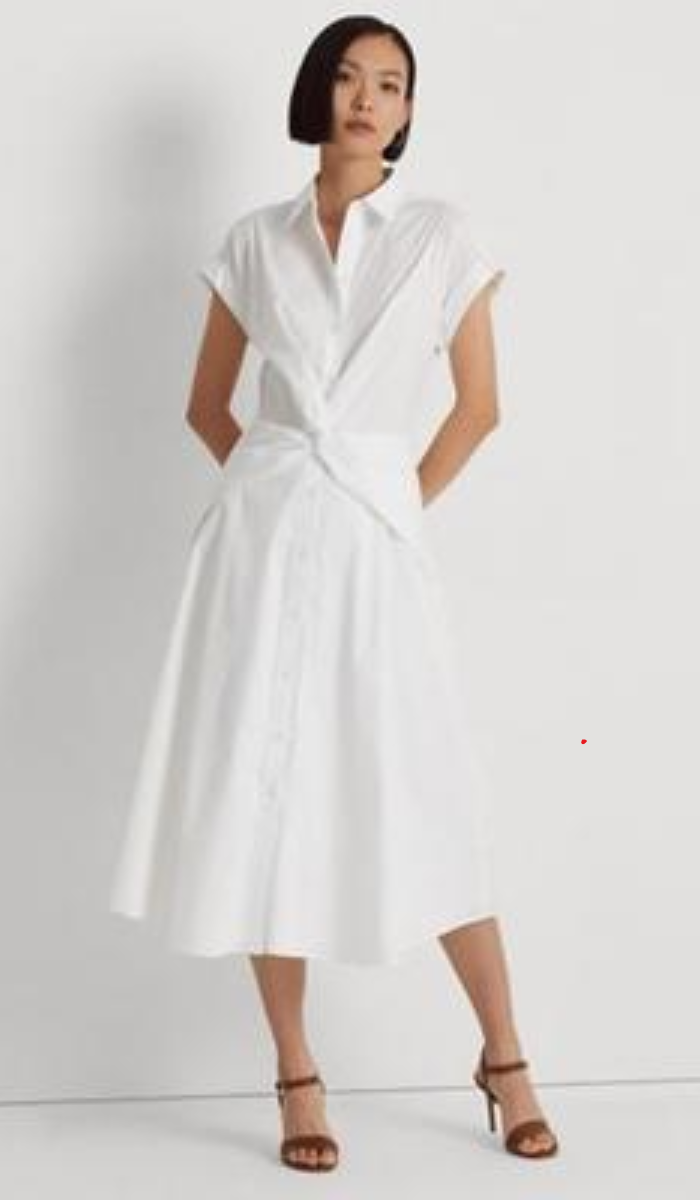 Lauren Ralph Women's Twist-Front Cotton-Blend Shirtdress, White, Size 16