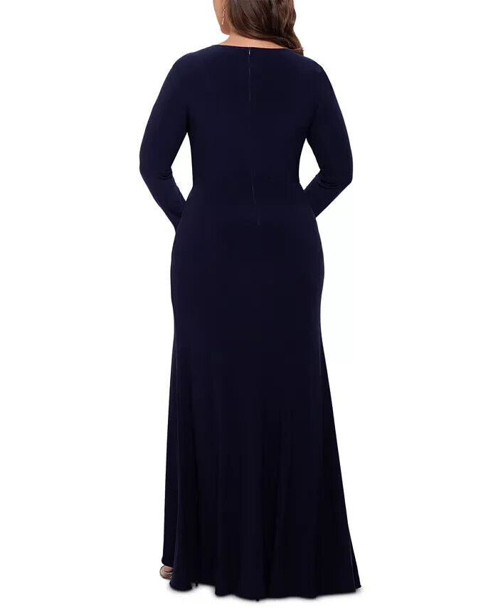 Betsy Adam Plus Size V-Neck Gown With Mat, Navy Blue, Size 18W