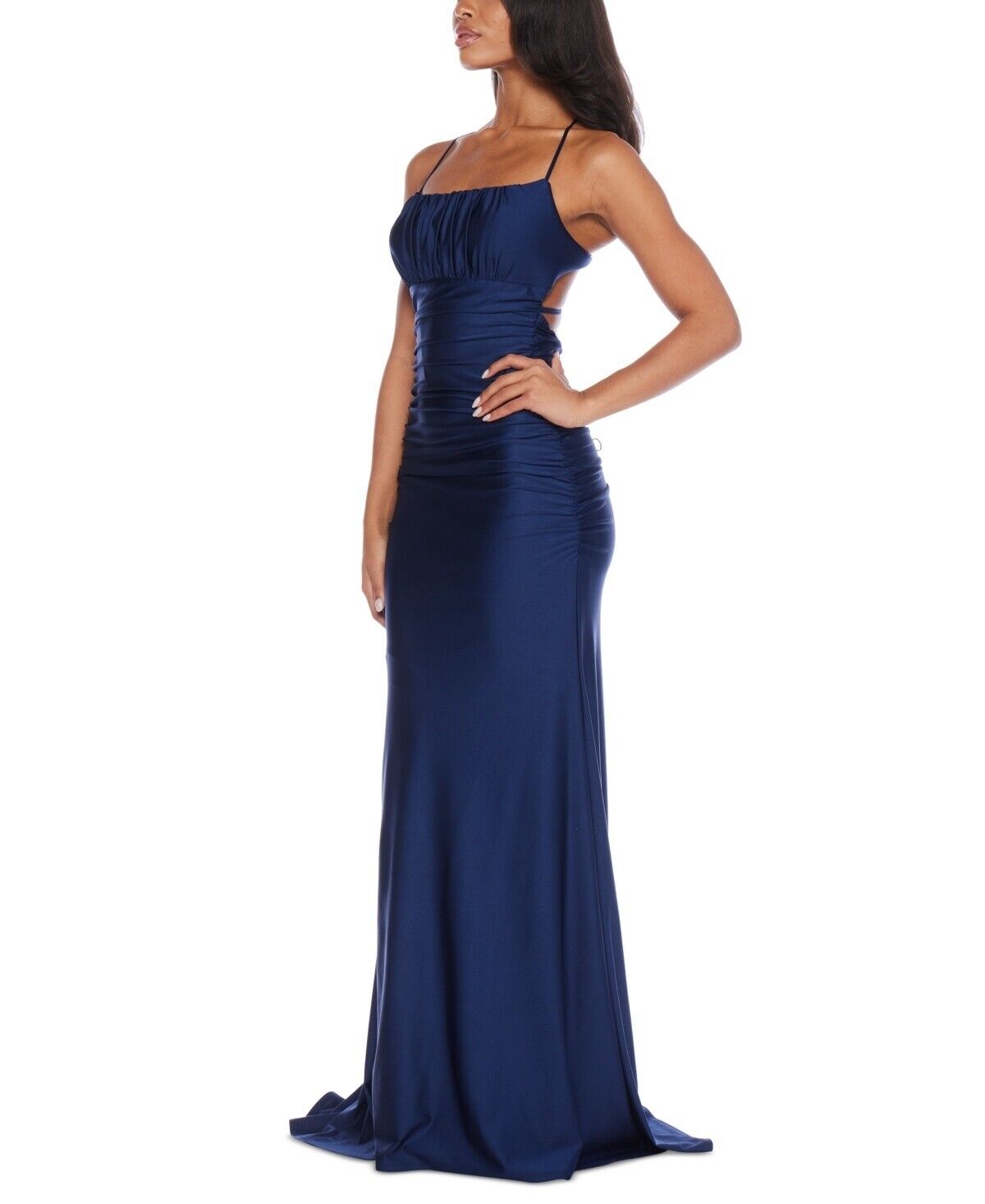 B Darlin Juniors' Square-Neck Ruched Strappy Sleeveless Gown, Navy, Size 11/12