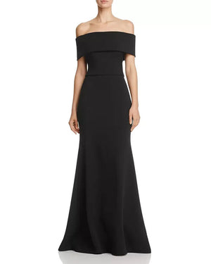 AQUA Off-the-Shoulder Scuba Crepe Gown, Black, Size 4