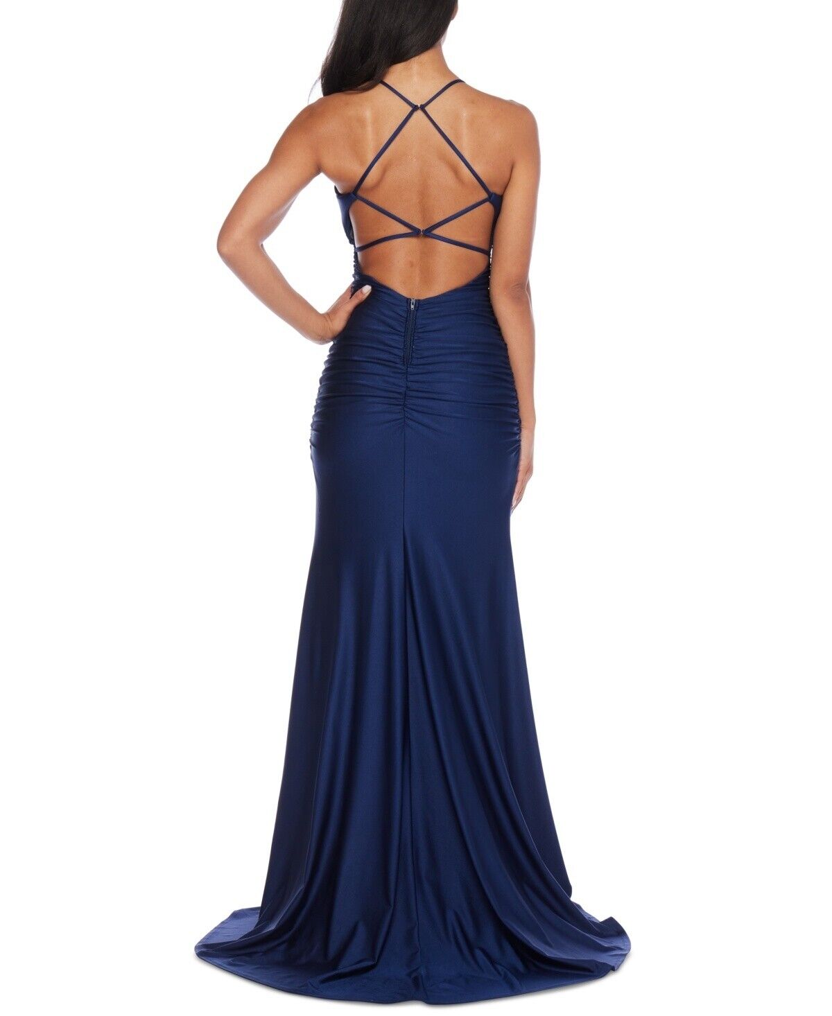 B Darlin Juniors' Square-Neck Ruched Strappy Sleeveless Gown, Navy, Size 11/12