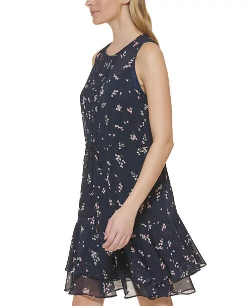 Tommy Hilfiger Petite Floral-Print Fit & Flare, Sky Captain/English Rose, 6P