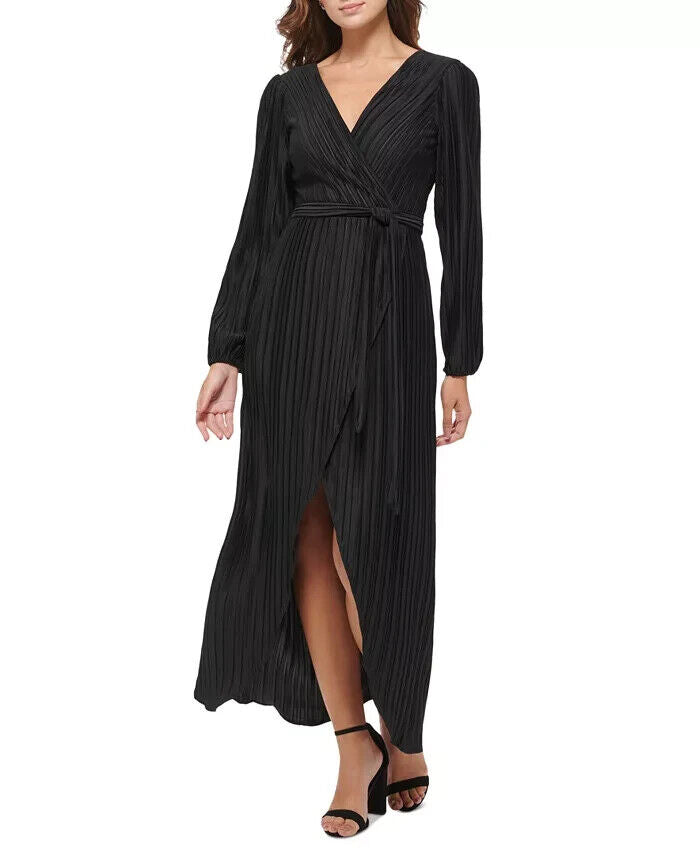 GUESS Women's Pleated Woven Faux-Wrap V-Neck Maxi Dress, Black, Sizes 6